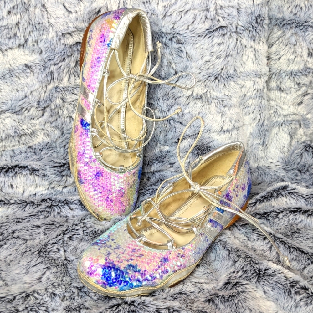 ZIGI New York Sequined Ballet flats with laces, silver, Mermaidcore, Size 7